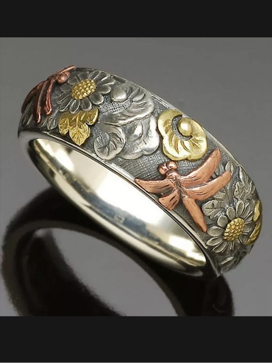 Jewelry - Vintage Silver and Rose Gold Colorful Carved Dragonfly Ring, Size 7 or 8, NWOT